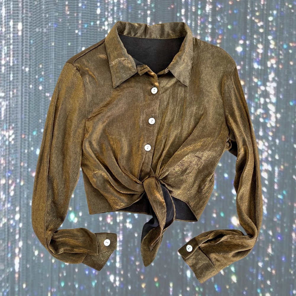 Gold Shimmer Cropped Button Up